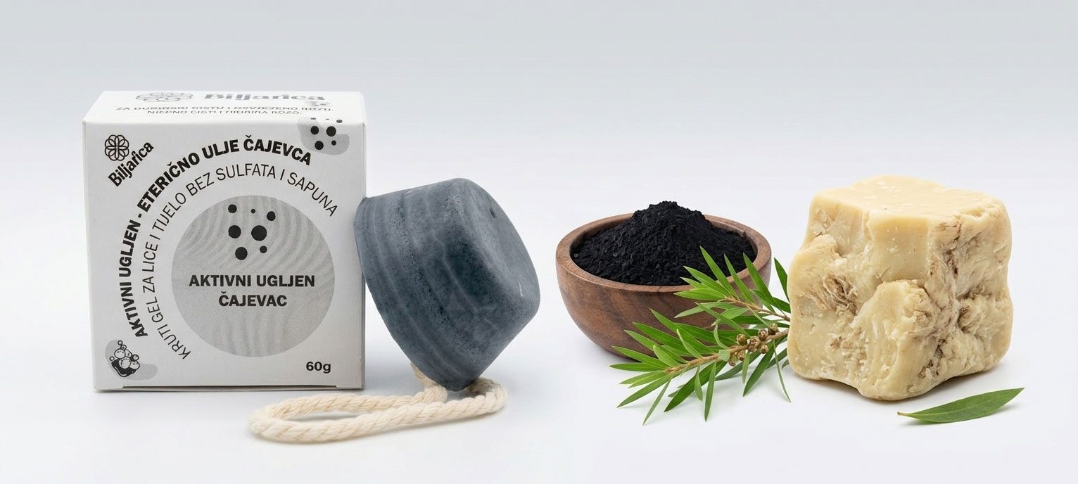 Kruti gel za lice i tijelo – Aktivni ugljen i čajevac (bez sulfata i sapuna) - Slika 2