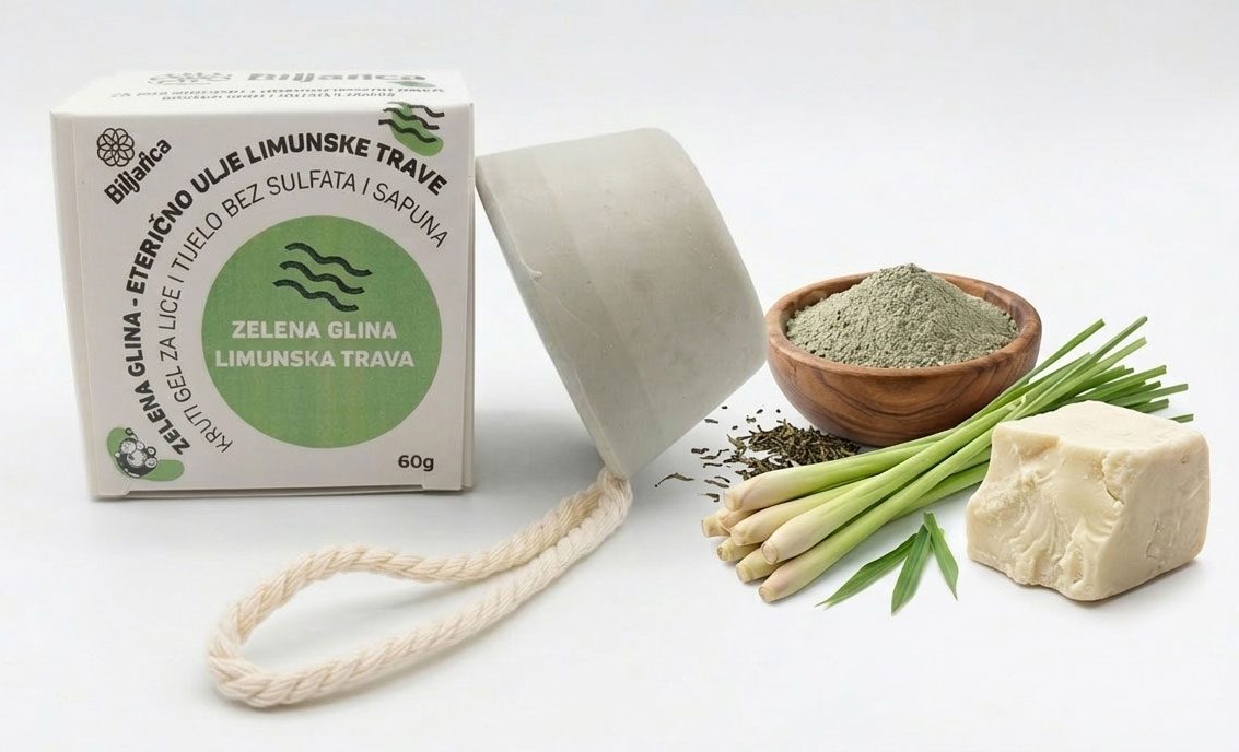 Kruti gel za lice i tijelo – Zelena glina i limunska trava (bez sulfata i sapuna) - Slika 2