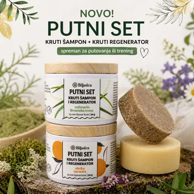 Putni set za kosu kruti šampon i regenerator, u metalnoj posudici za prijenos | Biljarica